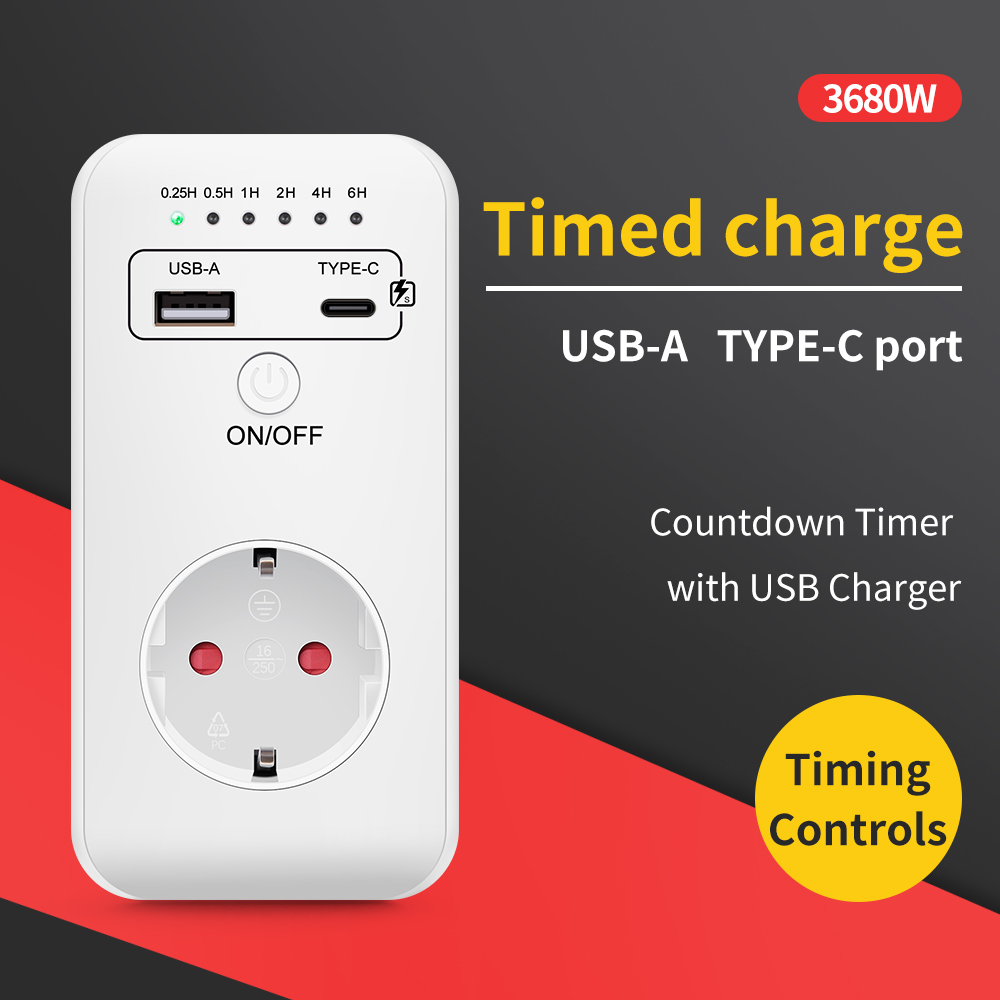 Kitchen Appliances Outlet - USB Type-cデジタルタイマースイッチ,カウントダウン,充電,タイミングソケット,EUプラグ,キッチン家電,電子時間制御,16a
