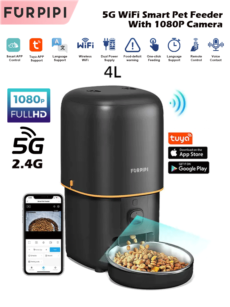 Kitchen Appliances Video - 自動給餌器、カメラ付き、ペット用スマート猫用フードディスペンサー、2.4G/5G WiFi、Tuyaアプリで操作可能、猫や犬用の自動給餌器、アクセサリー。