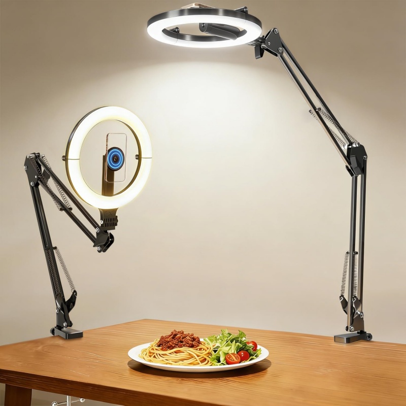 Kitchen Appliances Video - 10インチリングライト付き磁気オーバーヘッドフォンマウント、5000mAhフレキシブル関節式サークルランプテーブル三脚、ビデオ録画、料理、ネイル、Zoom会議用の電話スタンド